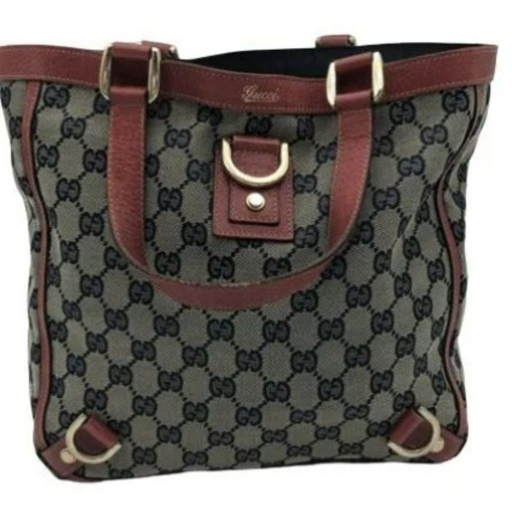 Authentic Gucci 3 Rings Abbey Hobo Handbag- Navy/Red Monogrammed Canvas - Picture 5 of 8